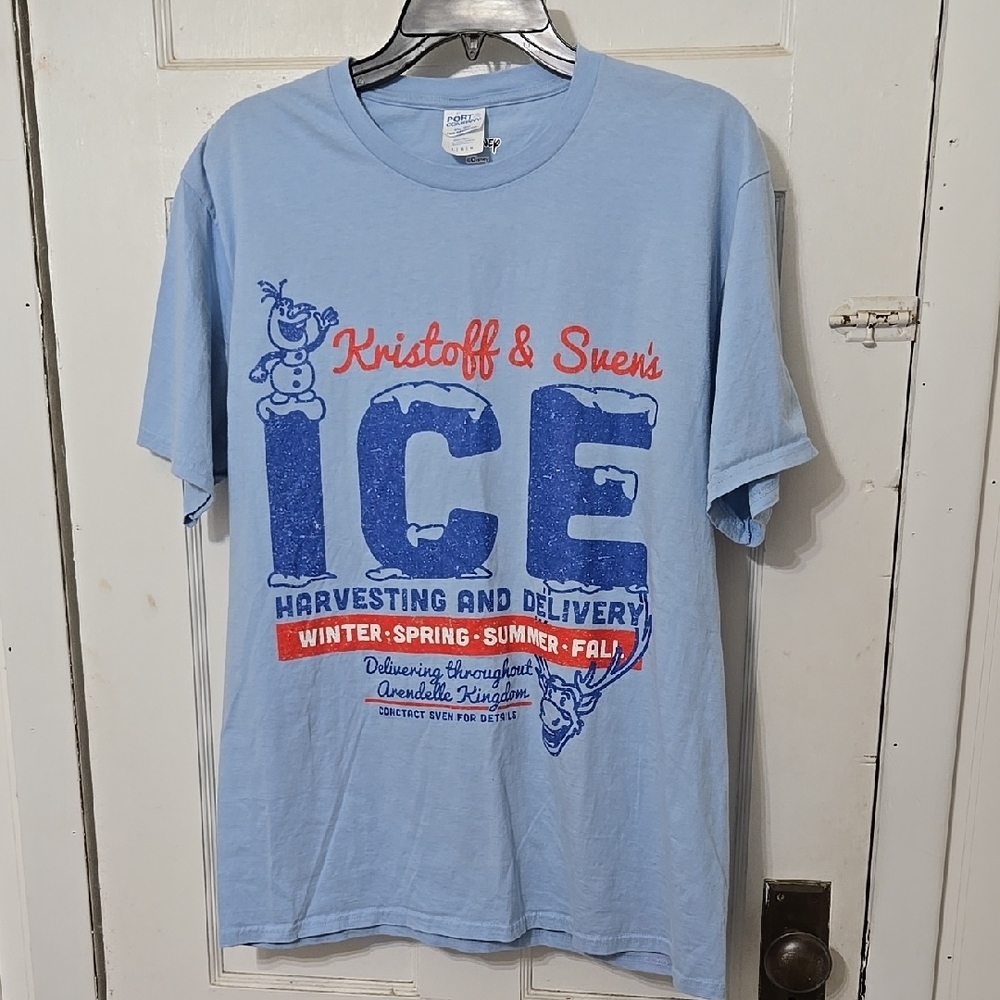 Disney FROZEN Kristoff & Sven's Ice Blue Graphic T-Shirt Large EUC
